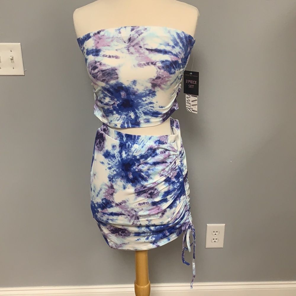 Tie Dye Strapless Bandeau Top‎ & Ruched Mini Skirt Set Large New Festival Beach